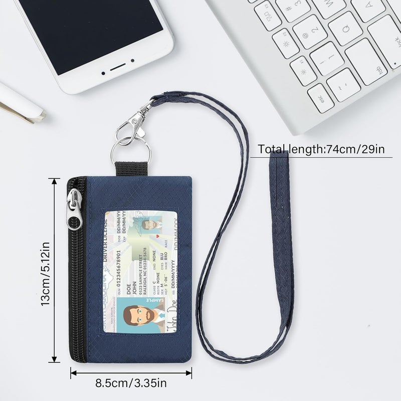ZHOMA Minimalist RFID Wallet with Lanyard, Multi-Functional ID Case with 2 Zipper Pockets and Key Chain for Men and Women, Tactical Badge Pouch Cards Holder, Coin Purse for Travel Sports-DarkBlue - Image 2